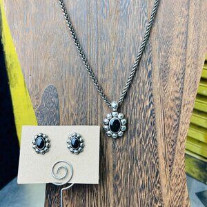 Silvertone Necklace and Pierced Earrings Set with Black Cabachons